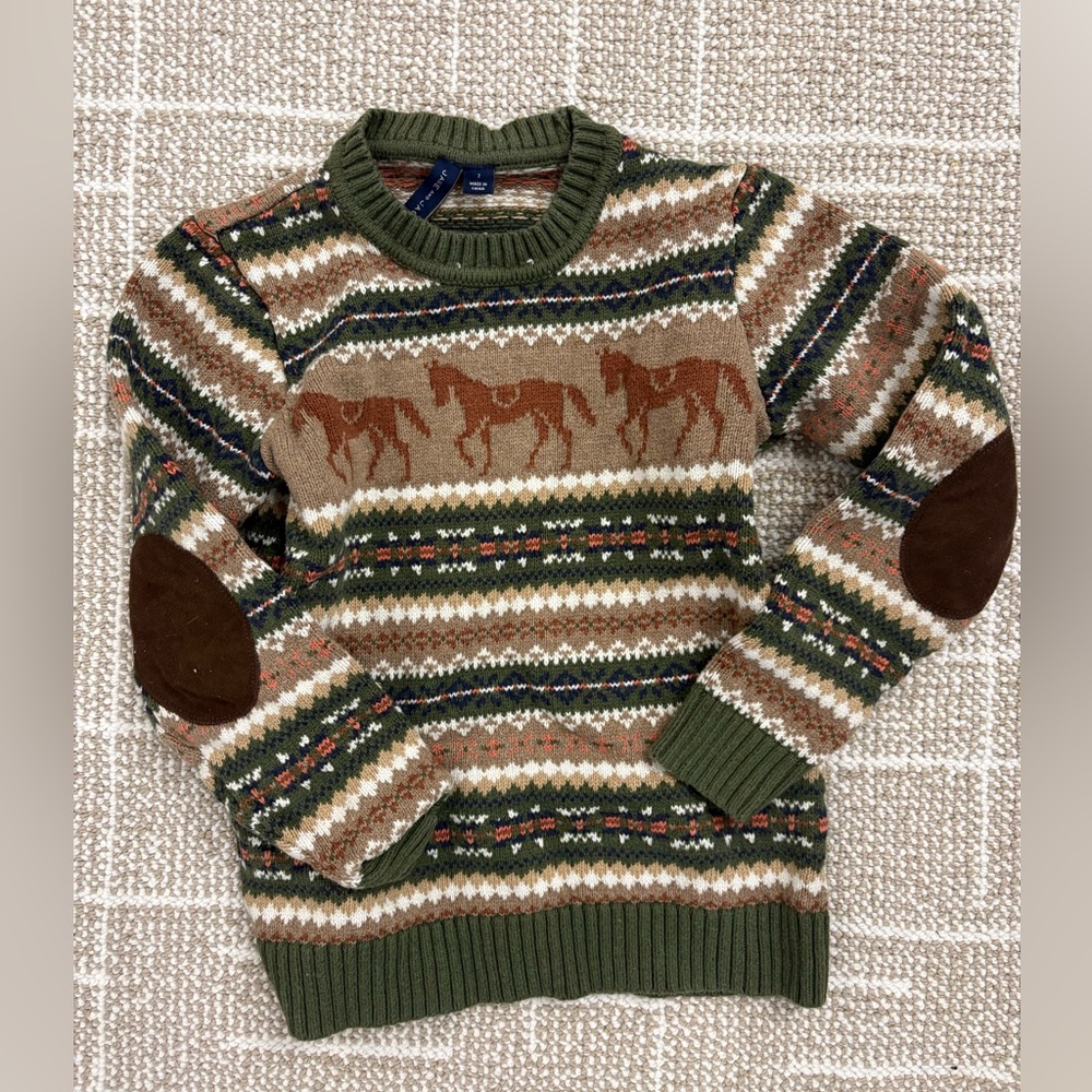 Janie and Jack Green and Brown Horse Pattern Sweater